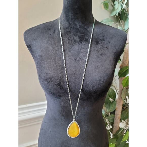 Long Silver Chain Necklace Yellow Teardrop Pendant Crystal Rhinestone Jewelry - Picture 1 of 6